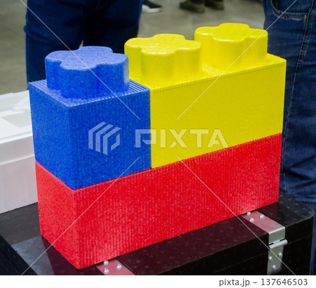 Large construction blocks from foam plastic from high-density polystyrene foam PPE. Children's construction from foam blocks. Model from dense lightweight material universal foam. Modern technologies 137646503