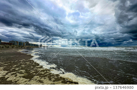 Nieuwpoort, West-Vlaanderen, Belgium, Ocotber 25th, 2025, Tempestuous oceanfront with frothy waves Nieuwpoort, West-Vlaanderen, Belgium, Ocotber 25th, 2025, Tempestuous oceanfront with frothy waves 137646980
