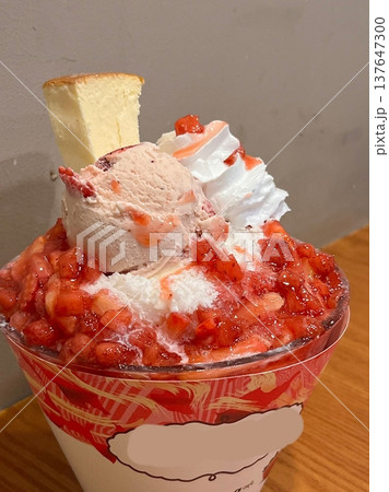Soft and fluffy strawberry bingsu with finely shaved ice, sweet strawberry syrup, and fresh strawberry slices. A refreshing and delightful Korean dessert, perfect for a cool and fruity treat. Soft and fluffy strawberry bingsu with finely shaved ice, sweet strawberry syrup, and fresh strawberry slices. A refreshing and delightful Korean dessert, perfect for a cool and fruity treat. 137647300