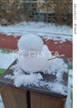 Snowman with a carrot nose, hat, scarf, coal buttons and stick arms standing outside on a winters day. Concept of winter, snow and childhood. Shallow field of view. 137647368
