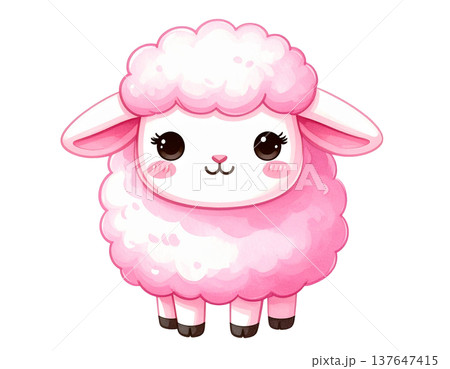 ピンクのヒツジのキャラクターイラスト（正面、白背景） 137647415