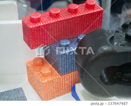 Children's construction set from polypropylene foam EPP. Building blocks designed for children from polypropylene. Model from dense lightweight material universal foam. Modern industrial technologies Children's construction set from polypropylene foam EPP. Building blocks designed for children from polypropylene. Model from dense lightweight material universal foam. Modern industrial technologies 137647487