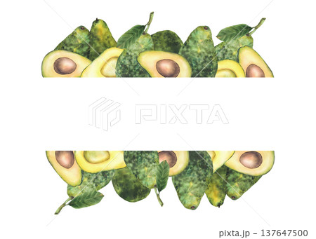 Watercolor avocado frame. Whole and cut avocado fruit half with seed and leaves. Hand draw rectangular banner with space for text. Illustration isolated from background for food packaging, cosmetic. Watercolor avocado frame. Whole and cut avocado fruit half with seed and leaves. Hand draw rectangular banner with space for text. Illustration isolated from background for food packaging, cosmetic. 137647500