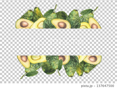 Watercolor avocado frame. Whole and cut avocado fruit half with seed and leaves. Hand draw rectangular banner with space for text. Illustration isolated from background for food packaging, cosmetic. Watercolor avocado frame. Whole and cut avocado fruit half with seed and leaves. Hand draw rectangular banner with space for text. Illustration isolated from background for food packaging, cosmetic. 137647500