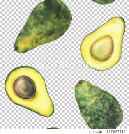 Watercolor avocado seamless pattern. Whole and cut avocado fruit half with seed. Hand painted illustration isolated from background. Food fabric design, eco print, packaging of healthy farm products. Watercolor avocado seamless pattern. Whole and cut avocado fruit half with seed. Hand painted illustration isolated from background. Food fabric design, eco print, packaging of healthy farm products. 137647511