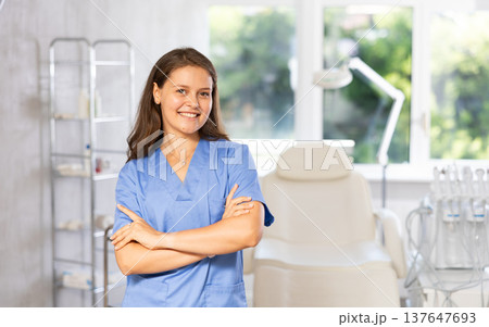Young female doctor posing in medical room Young female doctor posing in medical room 137647693