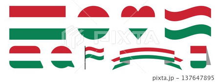 Flags of Hungary - flat collection icon. Hungary national flag set shape variations vector icon. Isolated sticker. 137647895