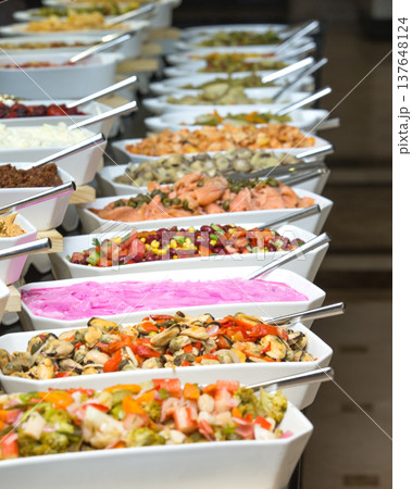 tray of assorted food for salad buffet 137648124