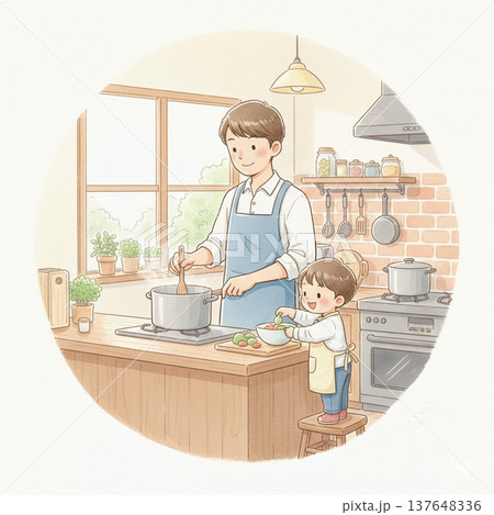 キッチンで料理する親子 137648336