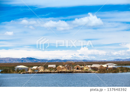 Totora boat on the Titicaca lake near Puno, Peru 137648392