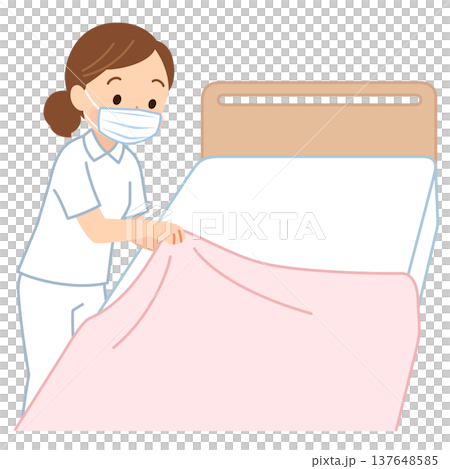 Female caregiver changing sheets, nurse, caregiver Female caregiver changing sheets, nurse, caregiver 137648585