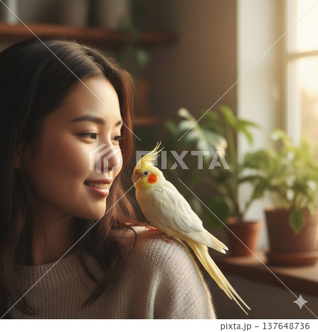 女性の肩に止まるオカメインコ 137648736