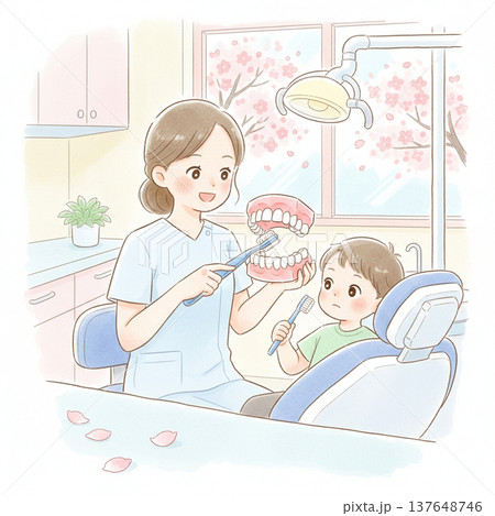 赤ちゃんに歯磨きを教える歯医者さん 137648746