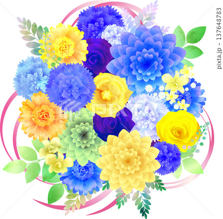 花束・ブルーにイエロー・リボンピンク 137648783