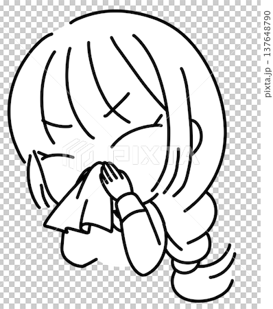 Line drawing illustration of a woman blowing her nose 137648790