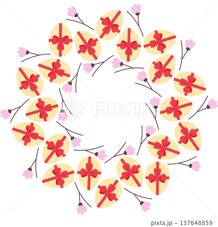 Circle Frame border with Easter Eggs ribbon bow and blossom twigs Minimalist Flat Copyspace Template. Vector illustration Easter Greetings or Social media post Thematic sample, leaflet, banner, label 137648859