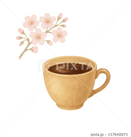 桜の花とコーヒーカップの水彩イラスト 春のカフェ素材 桜の花とコーヒーカップの水彩イラスト 春のカフェ素材 137648973