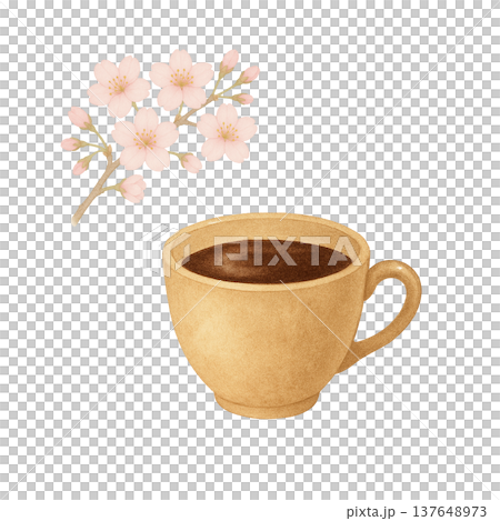 桜の花とコーヒーカップの水彩イラスト 春のカフェ素材 桜の花とコーヒーカップの水彩イラスト 春のカフェ素材 137648973