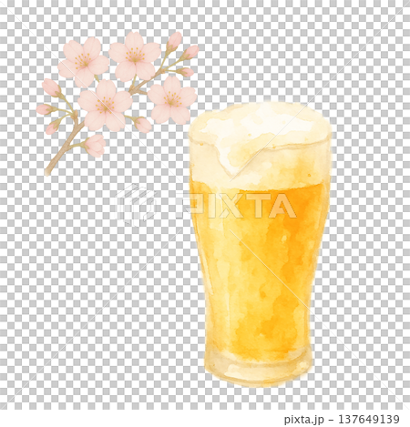 櫻花與啤酒杯的水彩插畫－春日祝酒主題 137649139
