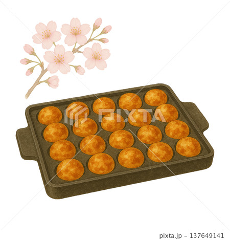 桜の花とたこ焼きプレートの水彩イラスト 屋台グルメ素材 137649141