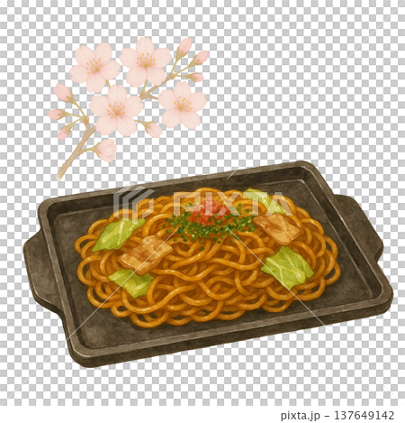桜の花と焼きそば鉄板の水彩イラスト 屋台グルメ素材 137649142