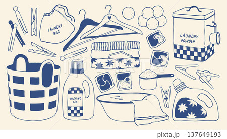 Hand drawn laundry collection with washing gel, laundry basket, clothespins, detergent pods. Mediterranean minimal blue line vector set for washing, home care branding, packaging and household design. Hand drawn laundry collection with washing gel, laundry basket, clothespins, detergent pods. Mediterranean minimal blue line vector set for washing, home care branding, packaging and household design. 137649193