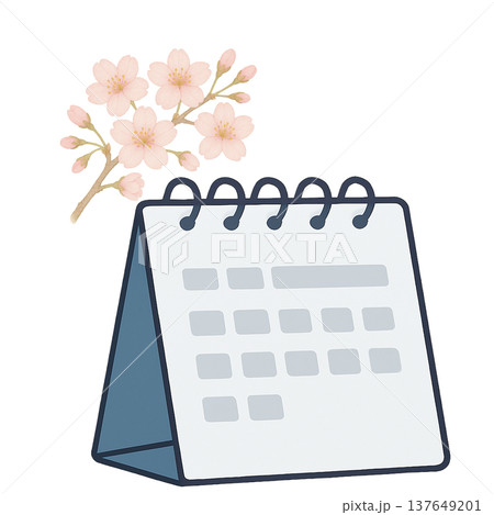 桜の花と卓上カレンダーの水彩イラスト スケジュール素材 137649201