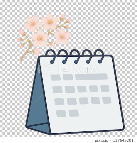 桜の花と卓上カレンダーの水彩イラスト スケジュール素材 137649201
