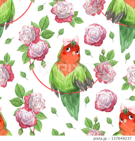 Watercolor pattern featuring a cute parrot among roses Watercolor pattern featuring a cute parrot among roses 137649237