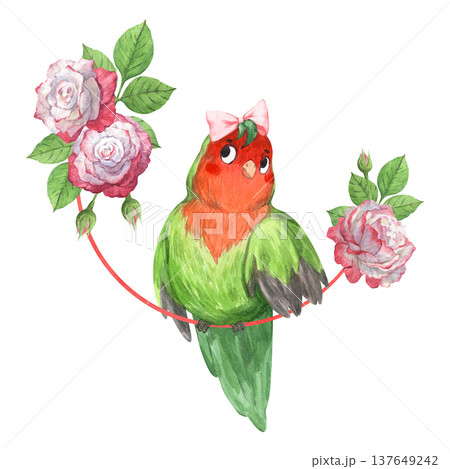 A sweet little parrot perches on a perch among roses 137649242