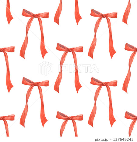 A seamless pattern featuring watercolor illustrations of orange satin ribbon bows 137649243