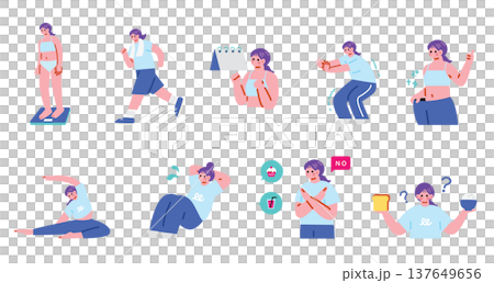 ダイエットを頑張る女性のイラスト 137649656