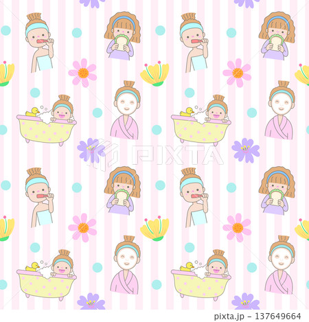 Girl Self Care and Beauty Routine Seamless Pattern with Curly Hair Woman Bathing and Skincare Activity Girl Self Care and Beauty Routine Seamless Pattern with Curly Hair Woman Bathing and Skincare Activity 137649664