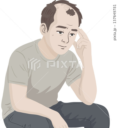 A worried man experiencing hair loss and bald spots, touching his temple while thinking about his condition. A worried man experiencing hair loss and bald spots, touching his temple while thinking about his condition. 137649781