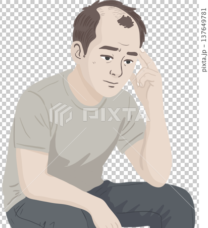 A worried man experiencing hair loss and bald spots, touching his temple while thinking about his condition. A worried man experiencing hair loss and bald spots, touching his temple while thinking about his condition. 137649781