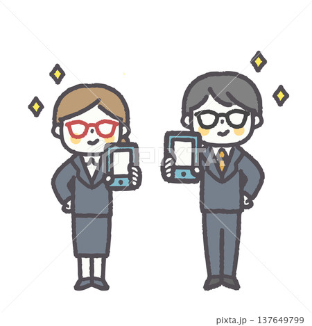 ゆるくて可愛いオフィスワーカー男女ペアのイラストセット ゆるくて可愛いオフィスワーカー男女ペアのイラストセット 137649799