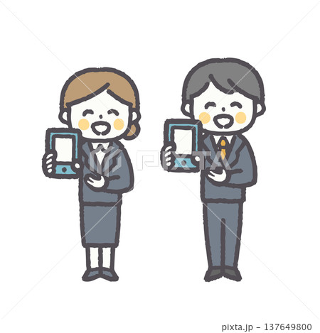 ゆるくて可愛いオフィスワーカー男女ペアのイラストセット 137649800