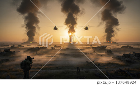 Post-Strike Battlefield with Smoke Columns and Helicopters at Sunrise Post-Strike Battlefield with Smoke Columns and Helicopters at Sunrise 137649924