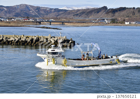 早春の北海道八雲町で落部漁港に帰港する漁船の風景を撮影 早春の北海道八雲町で落部漁港に帰港する漁船の風景を撮影 137650121
