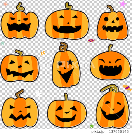 一組表情各異的萬聖節南瓜。 137650146