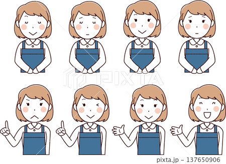 青エプロンを着た女性のイラストセット(三角巾なし) 青エプロンを着た女性のイラストセット(三角巾なし) 137650906