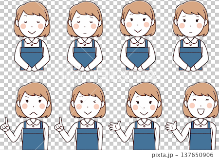 青エプロンを着た女性のイラストセット(三角巾なし) 青エプロンを着た女性のイラストセット(三角巾なし) 137650906