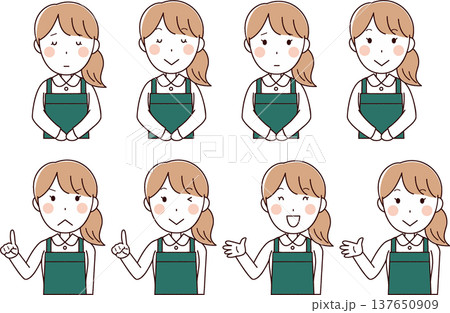 緑エプロンを着た女性のイラストセット(三角巾なし) 緑エプロンを着た女性のイラストセット(三角巾なし) 137650909