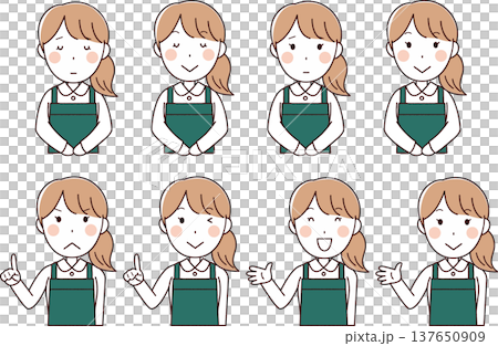 緑エプロンを着た女性のイラストセット(三角巾なし) 緑エプロンを着た女性のイラストセット(三角巾なし) 137650909