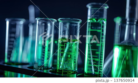 ネオングリーンに輝く試験管とビーカー ― 未来の医療研究ラボ ネオングリーンに輝く試験管とビーカー ― 未来の医療研究ラボ 137650914