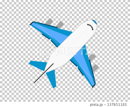 Modern passenger jet airplane flat icon with blue wings viewed from above 137651183