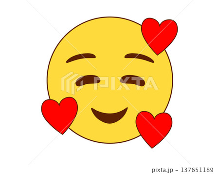 Smiling flat emoji icon with closed eyes and three red hearts, conveying love and affection Smiling flat emoji icon with closed eyes and three red hearts, conveying love and affection 137651189