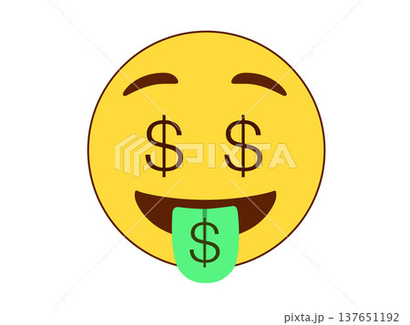 Happy yellow emoji face icon with dollar signs for eyes and tongue, symbolizing wealth and success 137651192