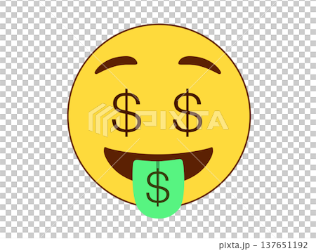 Happy yellow emoji face icon with dollar signs for eyes and tongue, symbolizing wealth and success 137651192