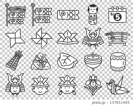 いろいろな、こどもの日のアイコン(線画)のイラストセット いろいろな、こどもの日のアイコン(線画)のイラストセット 137651405